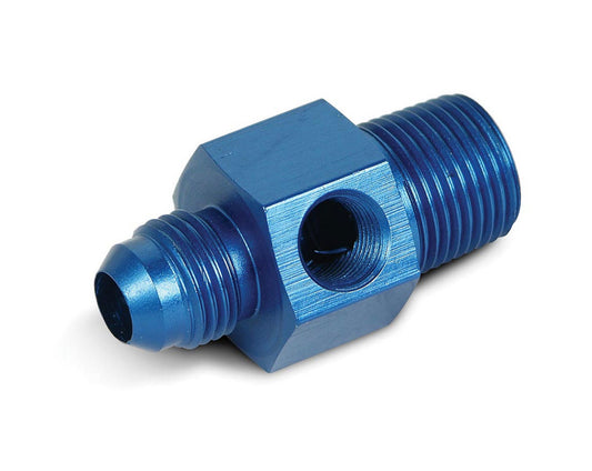 Fitting - Gauge Adapter - Straight - 6 AN Male to 3/8 in NPT Male - 1/8 in NPT Gauge Port - Aluminum - Blue Anodized - Each