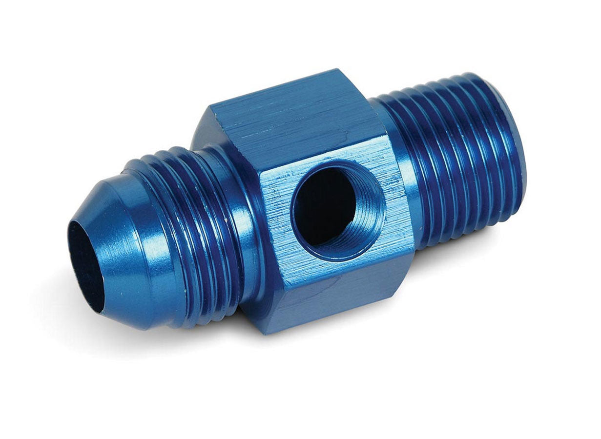 Fitting - Gauge Adapter - Straight - 8 AN Male to 3/8 in NPT Male - 1/8 in NPT Gauge Port - Aluminum - Blue Anodized - Each