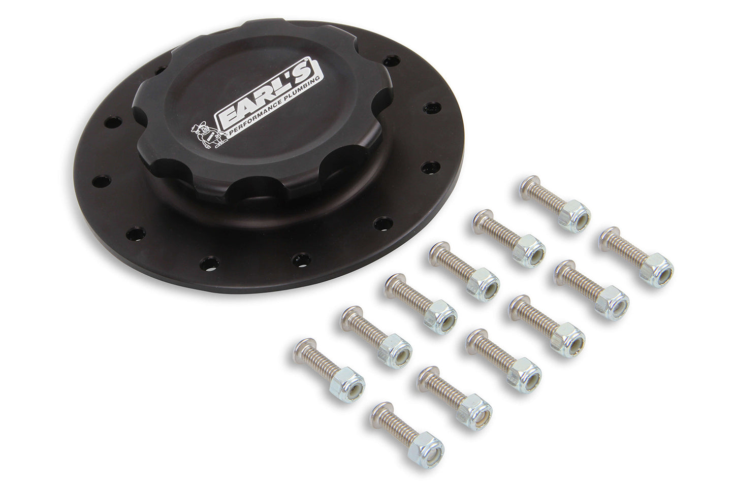 Fuel Filler Cap Assembly - Screw-On Cap - Vented - Flat Cell Mount - Aluminum - Black Anodized - 12-Bolt Fuel Cells - Kit