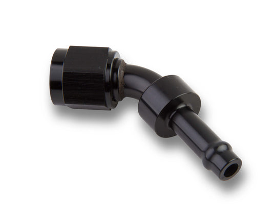 Fitting - Hose End - Vapor Guard - Adapter - 45 Degree - 6 AN Female to 3/8 in Hose Barb - Aluminum - Black Anodized - Each
