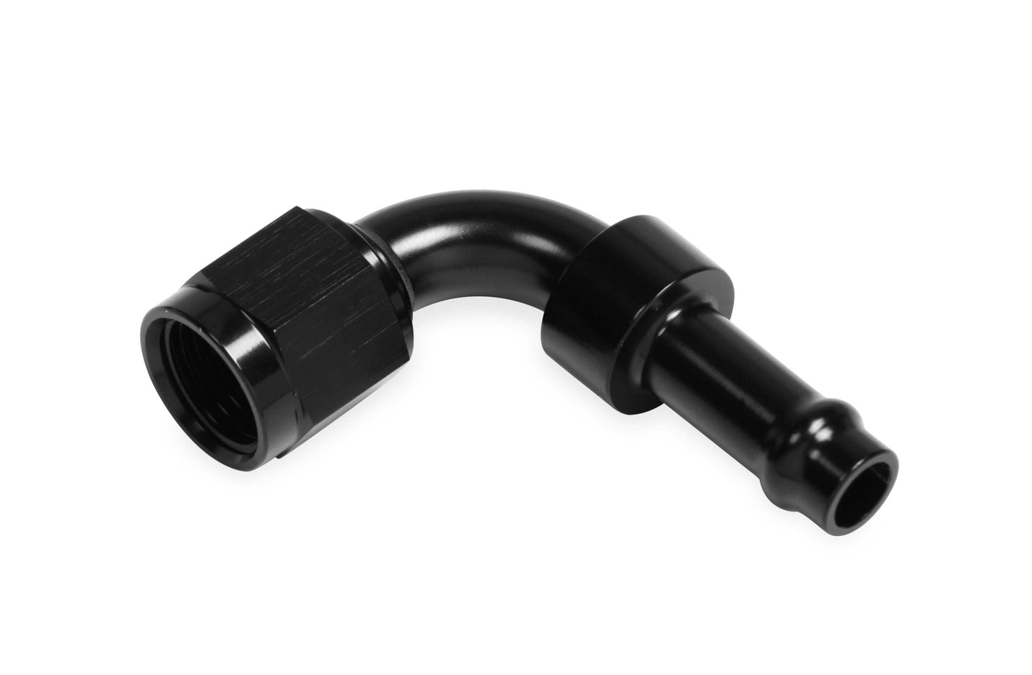 Fitting - Hose End - 90 Degree - 6 AN Female to 5/16 in Barb - Aluminum - Black Anodized - Each