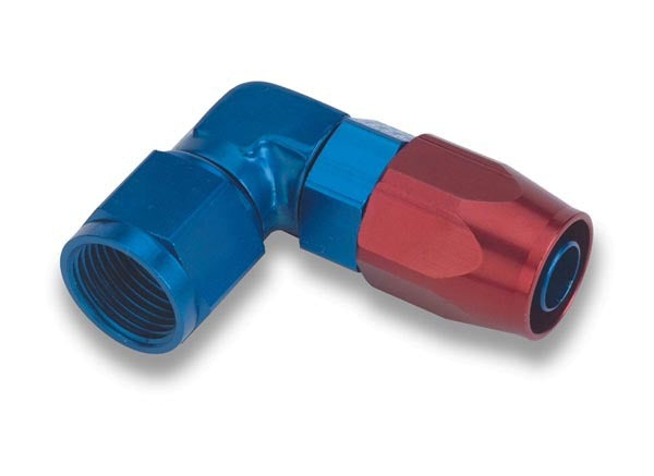 Fitting - Hose End - Swivel-Seal - 90 Degree - Low Profile - 8 AN Hose to 8 AN Female Swivel - Aluminum - Blue / Red Anodized - Each