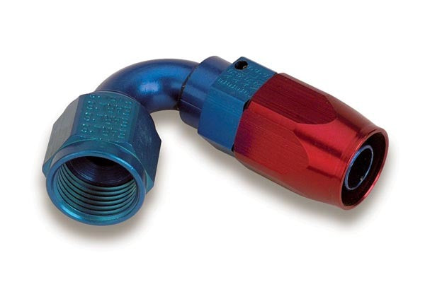 Fitting - Hose End - Swivel-Seal - 120 Degree - 10 AN Hose to 10 AN Female Swivel - Aluminum - Blue / Red Anodized - Each