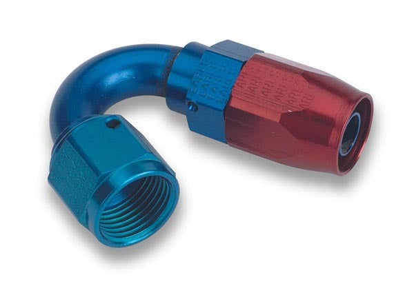 Fitting - Hose End - Swivel-Seal - 150 Degree - 16 AN Hose to 16 AN Female Swivel - Aluminum - Blue / Red Anodized - Each