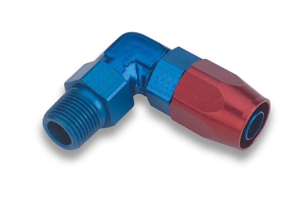 Fitting - Hose End - Swivel-Seal - 90 Degree - 8 AN Hose to 3/8 in NPT Male - Swivel - Aluminum - Blue / Red Anodized - Each