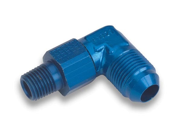 Fitting - Adapter - 90 Degree - 8 AN Male to 1/2 in NPT Male Swivel - Aluminum - Blue Anodized - Each