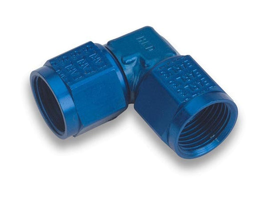 Fitting - Adapter - 90 Degree - 6 AN Female Swivel to 6 AN Female Swivel - Low Profile - Aluminum - Blue Anodized - Each