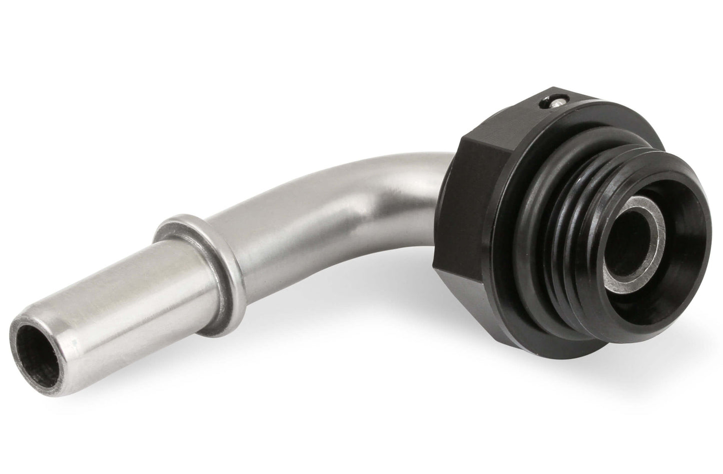 Fitting - Fuel Line Adapter - 90 Degree - 5/16 in SAE Male Quick Disconnect to 8 AN ORB - Stainless - Aluminum - Black Anodized - Each