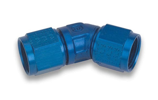 Fitting - Adapter - 45 Degree - 6 AN Female Swivel to 6 AN Female Swivel - Low Profile - Aluminum - Blue Anodized - Each