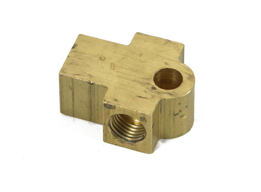 Fitting - Adapter Tee - 3/8-24 in Inverted Flare Female x 3/8-24 in Straight Thread x 3/8-24 in Inverted Flare Female - 1/4 in Mounting Hole - Brass - Each