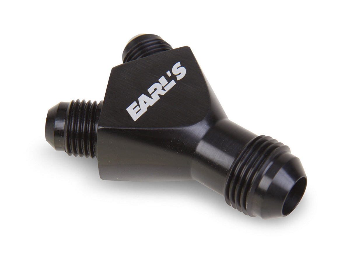 Fitting - Y Block - 8 AN Male Inlet - Dual 8 AN Male Outlets - Aluminum - Black Anodized - Each