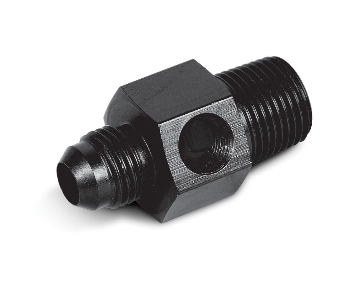 Fitting - Gauge Adapter - Straight - 1/8 in NPT Male to 6 AN Male - 1/8 in NPT Gauge Port - Aluminum - Black Anodized - Each