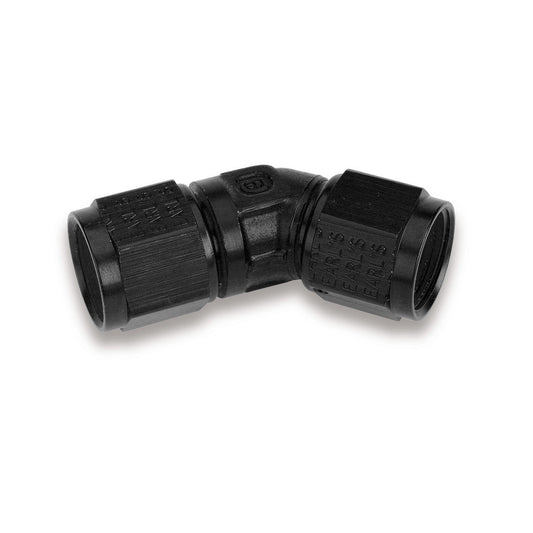 Fitting - Adapter - 45 Degree - 8 AN Female Swivel to 8 AN Female Swivel - Low Profile - Aluminum - Black Anodized - Each