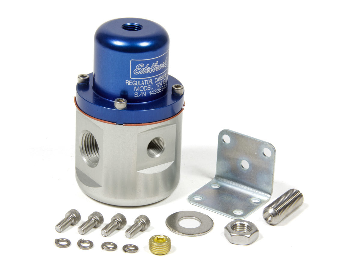 Fuel Pressure Regulator - 5 to 10 psi - In-Line - 3/8 in NPT Female Inlets - 3/8 in NPT Female Outlet - 3/8 in NPT Female Return - 1/8 in NPT Port - Bypass - Aluminum - Blue / Clear Anodized - E85 / Gas / Methanol - Each