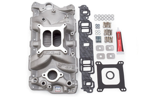 Intake Manifold - Performer EPS - Square Bore - Dual Plane - Gaskets / Hardware - Aluminum - Natural - Small Block Chevy - Kit