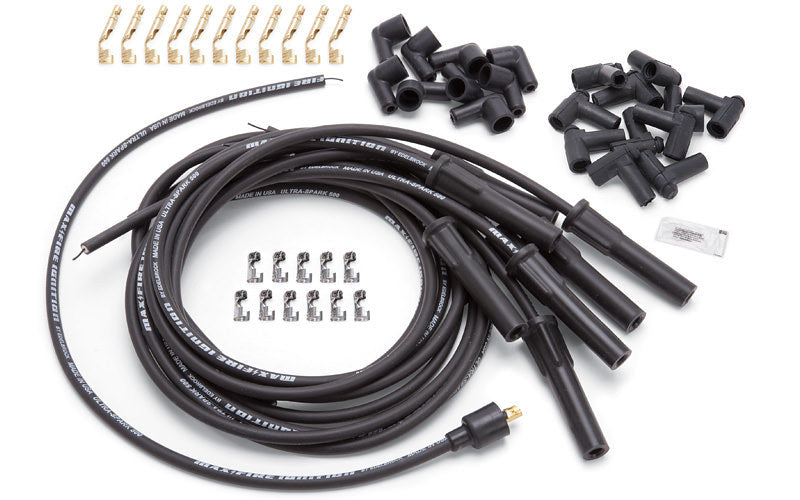 Spark Plug Wire Set - Max-Fire - Spiral Core - 8.5 mm - Black - 180 Degree Plug Boots - HEI / Socket Style - Cut-To-Fit - V8 - Kit
