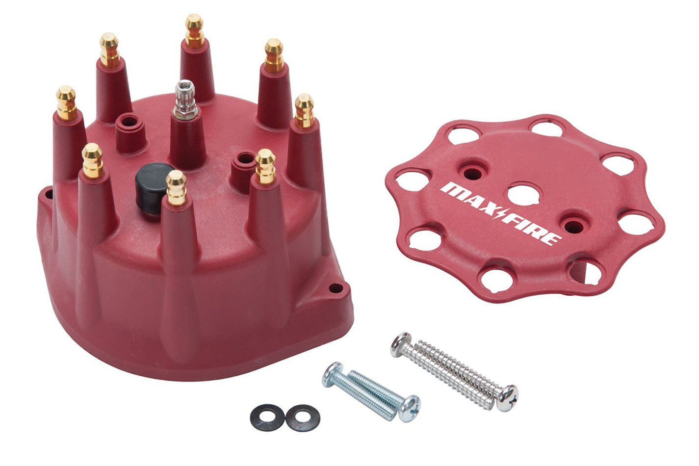 Distributor Cap - Max-Fire - HEI Style Terminals - Brass Terminals - Screw Down - Red - Vented - Edelbrock Small Diameter Distributor - Chevy V8 - Each