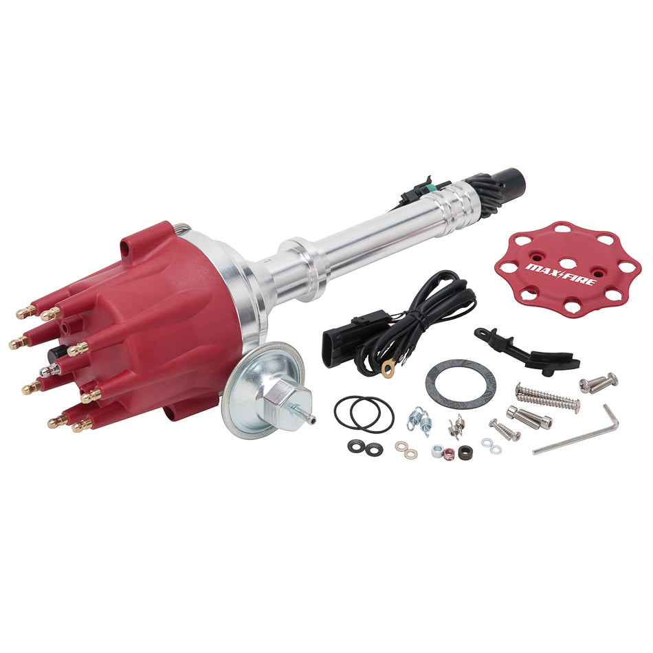 Distributor - Max-Fire - Ready-To-Run - Magnetic Pickup - Mechanical / Vacuum Advance - HEI Style Terminal - Red - Chevy V8 - Each