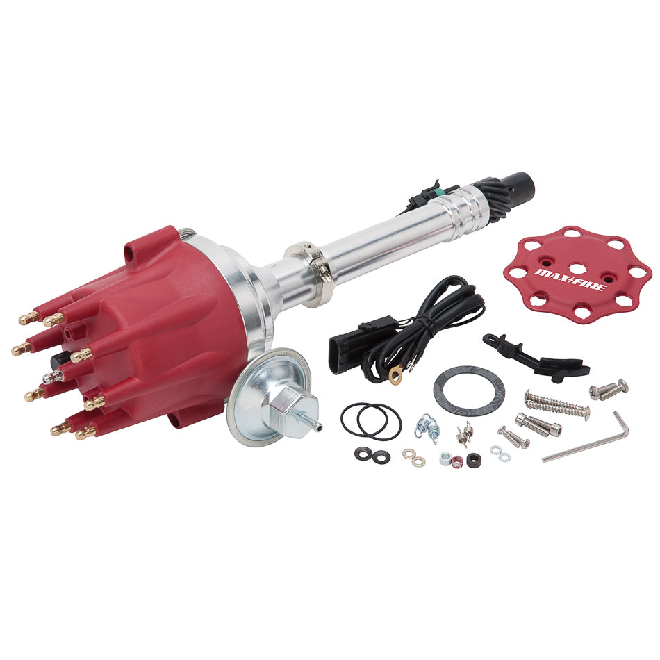 Distributor - Max-Fire - Ready-To-Run - Magnetic Pickup - Mechanical / Vacuum Advance - Slip Collar - HEI Style Terminal - Red - Chevy V8 - Each