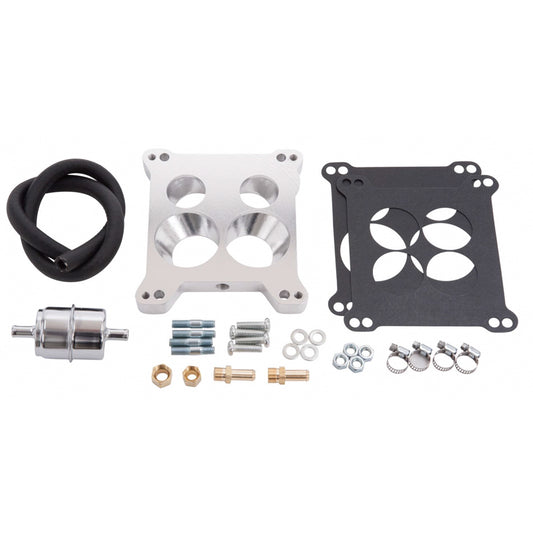 Carburetor Adapter - 0.563 in Thick - 4 Hole - Square Bore to Spread Bore - Fuel Line Kit / Gaskets / Hardware Included - Aluminum - Natural - Kit