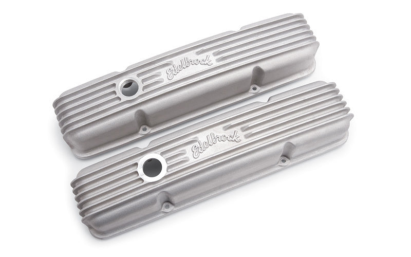 Valve Cover - Classic - Tall - Breather Hole - Edelbrock Logo - Aluminum - Satin - Small Block Chevy - Pair