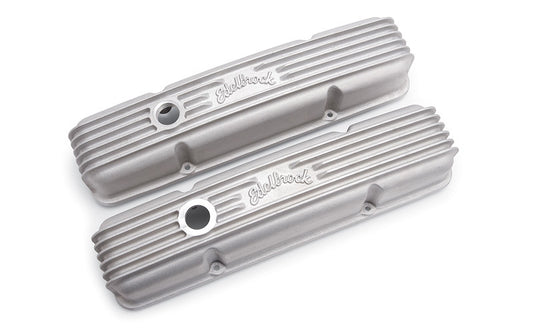 Valve Cover - Classic - Tall - Breather Hole - Edelbrock Logo - Aluminum - Satin - Small Block Chevy - Pair