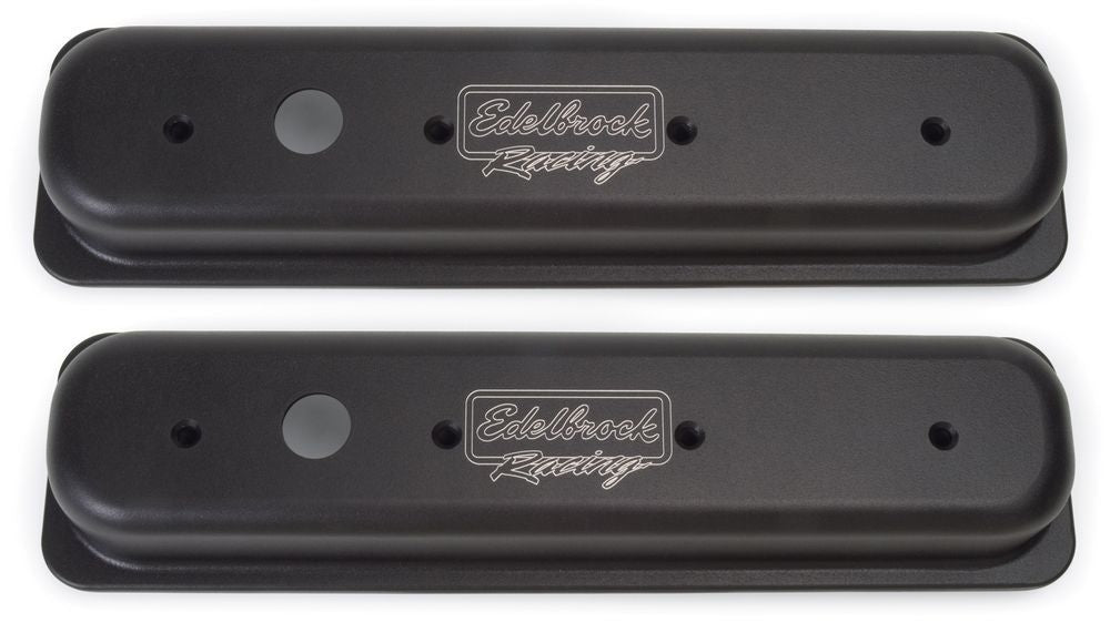 Valve Cover - Victor - Short - Breather Hole - Edelbrock Logo - Aluminum - Black Powder Coat - Center Bolt - Small Block Chevy - Pair