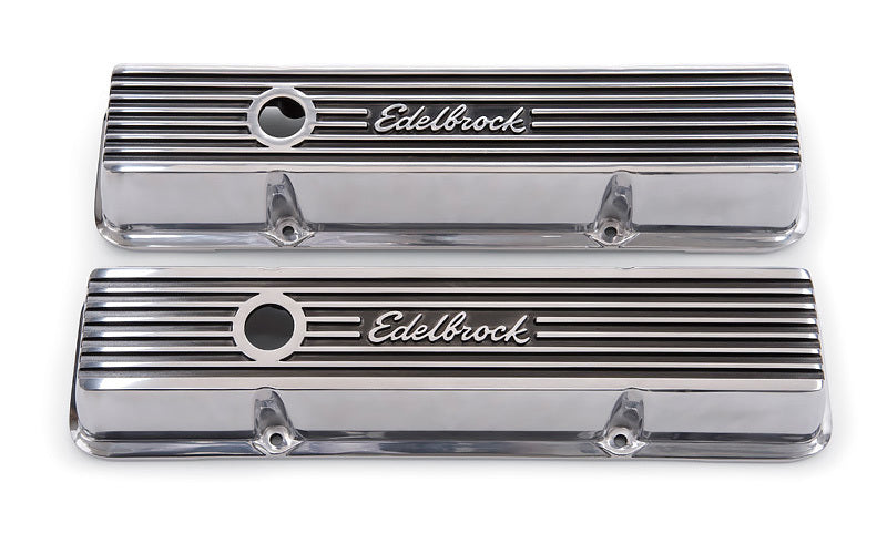 Valve Cover - Elite II - Short - Baffled - Breather Hole - Edelbrock Logo - Aluminum - Polished - Small Block Chevy - Pair