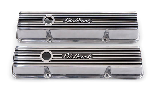 Valve Cover - Elite II - Short - Baffled - Breather Hole - Edelbrock Logo - Aluminum - Polished - Small Block Chevy - Pair