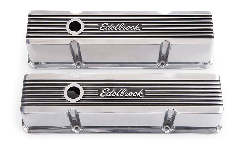 Valve Cover - Elite II - Tall - Baffled - Breather Hole - Edelbrock Logo - Aluminum - Polished - Small Block Chevy - Pair