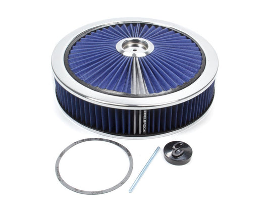 Air Cleaner Assembly - Pro-Flo - 14 in Round - 3 in Tall - 5-1/8 in Carb Flange - Drop Base - Blue Cotton - Aluminum - Clear Powder Coat - Kit