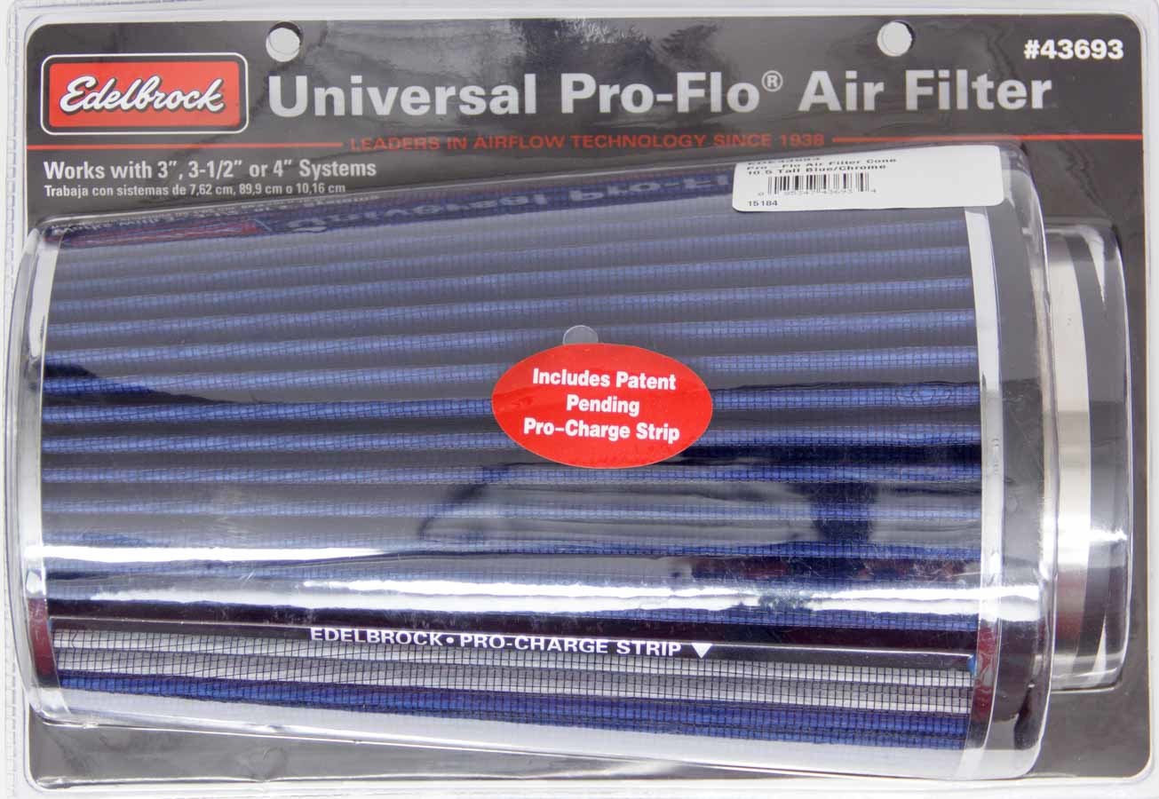 Air Filter Element - Pro-Flo - Clamp-On - Conical - 6 in Base - 4.75 in Top Diameter - 10.5 in Tall - 3-4 in Inlet - Cotton - Chrome / Blue - Universal - Each