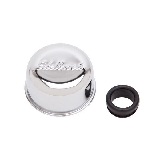 Breather - Signature Series - Push-In - Round - 1-1/4 in Hole - Edelbrock Logo - Steel - Chrome - Each