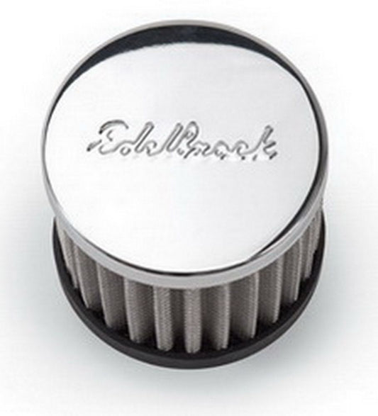 Breather - Circle Track - Push-In - Round - 1-1/4 in Hole - Reusable - Edelbrock Logo - Steel - Chrome / White - Each