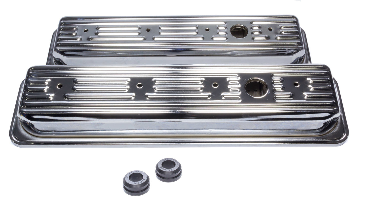 Valve Cover - Signature Series - Short - Baffled - Breather Hole - Grommets - Edelbrock Logo - Steel - Chrome - Center Bolt - Small Block Chevy - Pair