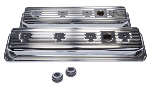 Valve Cover - Signature Series - Short - Baffled - Breather Hole - Grommets - Edelbrock Logo - Steel - Chrome - Center Bolt - Small Block Chevy - Pair