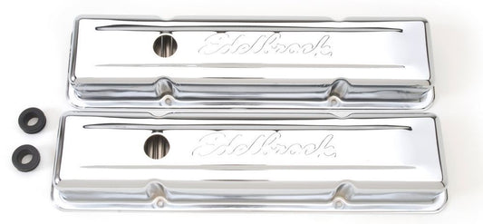 Valve Cover - Signature Series - Short - Baffled - Breather Hole - Grommets - Edelbrock Logo - Steel - Chrome - Small Block Chevy - Pair