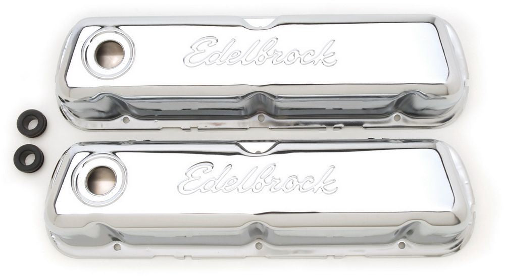 Valve Cover - Signature Series - Tall - Baffled - Breather Hole - Grommets - Edelbrock Logo - Steel - Chrome - Small Block Ford - Pair