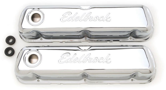 Valve Cover - Signature Series - Tall - Baffled - Breather Hole - Grommets - Edelbrock Logo - Steel - Chrome - Small Block Ford - Pair