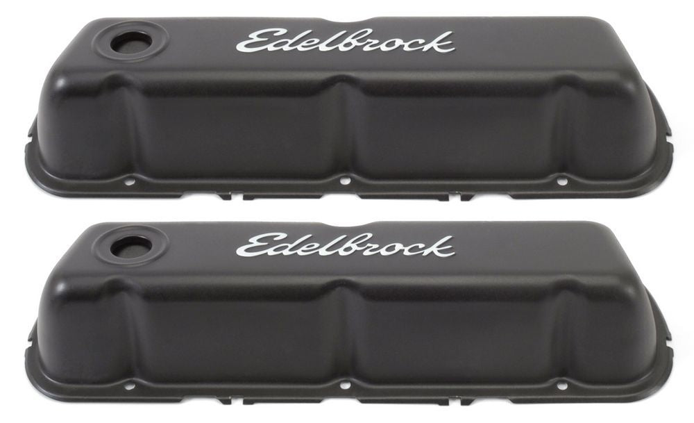 Valve Cover - Signature Series - Tall - Baffled - Breather Hole - Grommets - Edelbrock Logo - Steel - Black Powder Coat - Small Block Ford - Pair