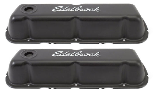 Valve Cover - Signature Series - Tall - Baffled - Breather Hole - Grommets - Edelbrock Logo - Steel - Black Powder Coat - Small Block Ford - Pair