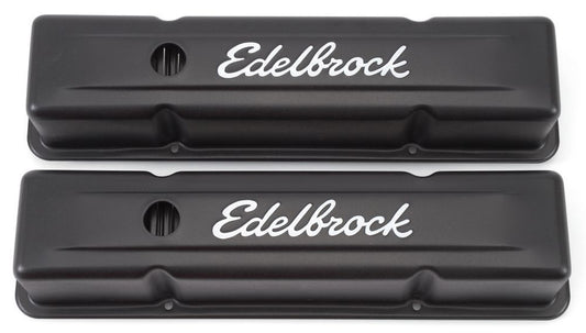 Valve Cover - Signature Series - Tall - Baffled - Breather Hole - Grommets - Edelbrock Logo - Steel - Black Powder Coat - Small Block Chevy - Pair