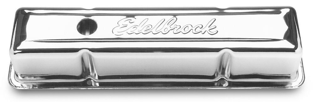 Valve Cover - Signature Series - Tall - Baffled - Breather Hole - Grommets - Edelbrock Logo - Steel - Chrome - Small Block Chevy - Pair