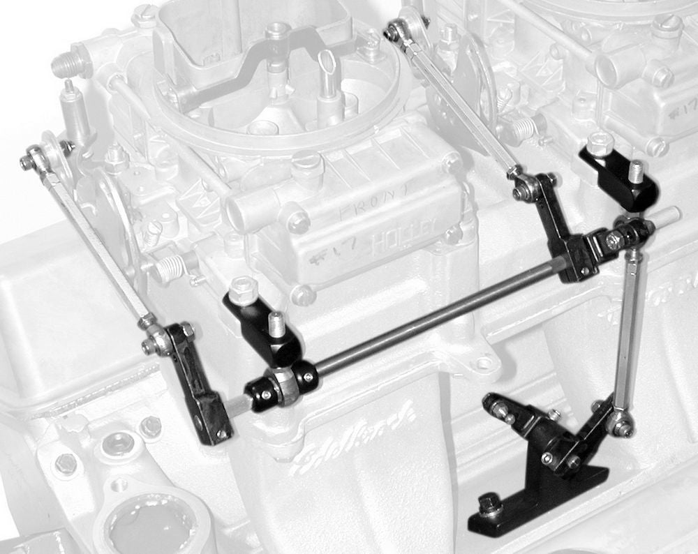 Throttle Linkage - Side Mount - Dual Quad - Steel - Zinc Oxide - Edelbrock Victor Ram 23 Degree Manifold - Small Block Chevy - Kit