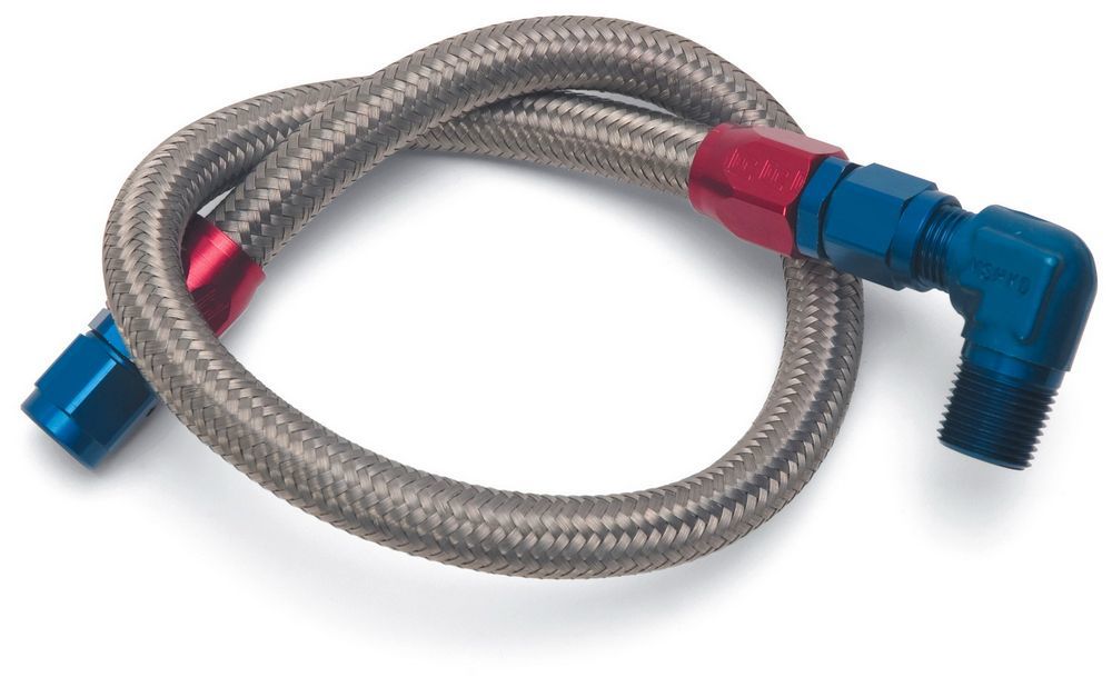 Fuel Supply Hose - Mechanical Pump to Carburetor - 3/8 in NPT Male Inlet - 6 AN Male Outlet - Braided Stainless - Each