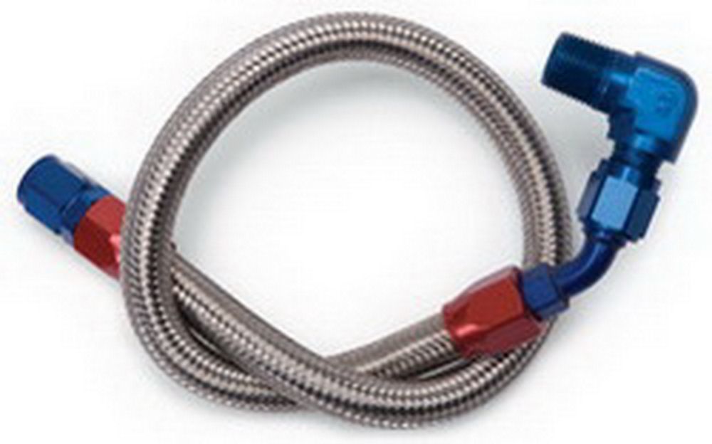 Fuel Supply Hose - Mechanical Pump to Carburetor - 3/8 in NPT Male Inlet - 6 AN Male Outlet - Braided Stainless - Each