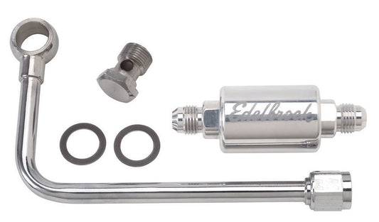 Carburetor Fuel Line - 6 AN Male Inlet - 5/8-20 in Outlet - Polished Filter - Stainless - Chrome - Edelbrock Performer / Thunder AVS Carburetors - Kit