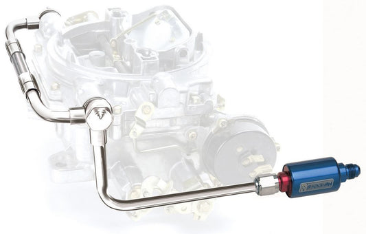 Carburetor Fuel Line - 6 AN Male Inlet - 5/8-20 in Dual Outlets - Blue Anodized Filter - Stainless - Chrome - Edelbrock Thunder AVS Carburetors - Kit