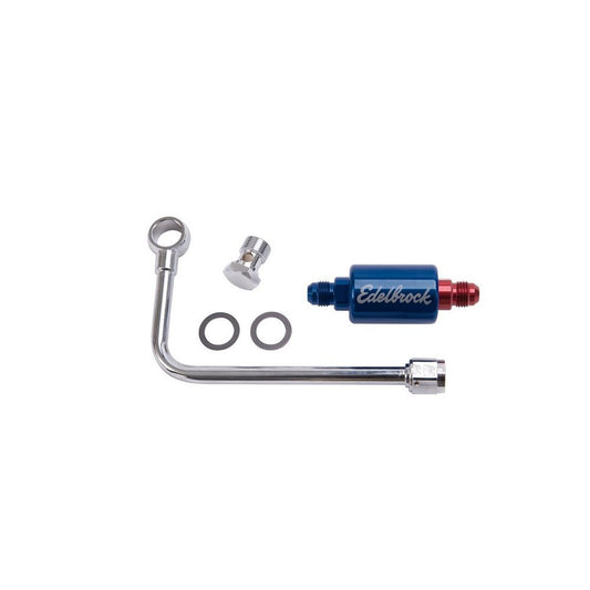 Carburetor Fuel Line - 6 AN Male Inlet - 5/8-20 in Outlet - Blue Anodized Filter - Stainless - Chrome - Edelbrock Performer / Thunder AVS Carbs - Kit