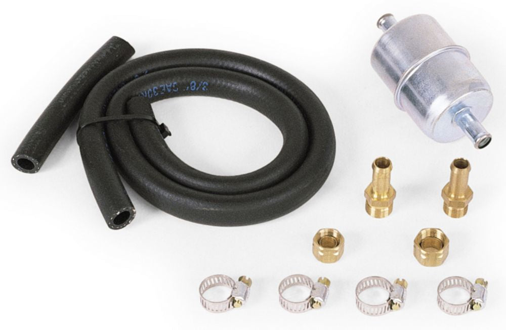 Fuel Hose Kit - In-Line Steel Filter - 3/8 in Hose Barb Inlet - 3/8 in Hose Barb Outlet - 24 in Length Rubber Hose - Fittings / Clamps - Steel - Zinc Oxide - Kit